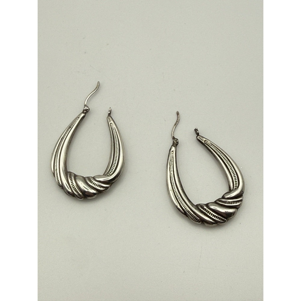 925 Sterling Silver Twisted Hoop Earrings Teardrop Ribbed Latch Back - Picture 6 of 8